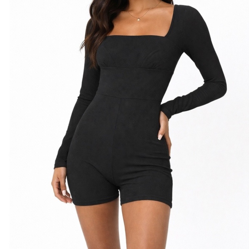 Princess Polly Sara Romper Black Ribbed Long Sleeve Bodycon Stretch 8